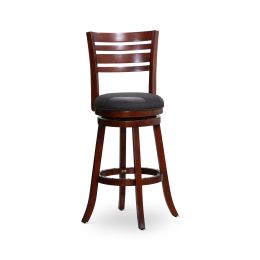 30" Bar Height Slat Back Swivel Stool; Cherry Finish; Charcoal Fabric Seat