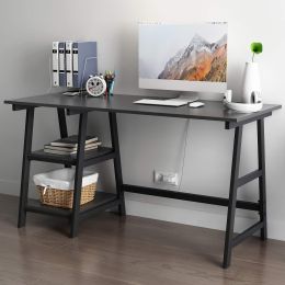 55 Inches Writing Computer Desk;  Trestle Desk Study Desk;  Laptop PC Desk;  Workstation with Storage Shelf